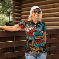 New Mexico Desert Road Sign Women Polo Shirt Zia Symbol Grunge Paint Splatter Travel Graphic