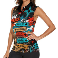 New Mexico Desert Road Sign Women Sleeveless Polo Shirt Zia Symbol Grunge Paint Splatter Travel Graphic