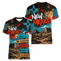 New Mexico Desert Road Sign Women V-Neck T-Shirt Zia Symbol Grunge Paint Splatter Travel Graphic
