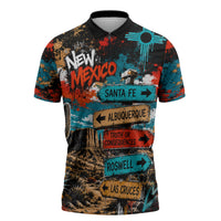 New Mexico Desert Road Sign Zipper Polo Shirt Zia Symbol Grunge Paint Splatter Travel Graphic