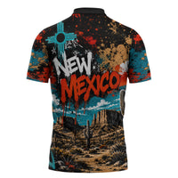 New Mexico Desert Road Sign Zipper Polo Shirt Zia Symbol Grunge Paint Splatter Travel Graphic