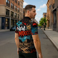 New Mexico Desert Road Sign Zipper Polo Shirt Zia Symbol Grunge Paint Splatter Travel Graphic