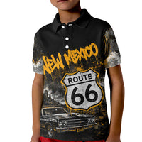 Personalized New Mexico Route 66 Classic Car Kid Polo Shirt Desert Cactus Grunge Paint Splatter Vintage Road Trip