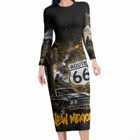 Personalized New Mexico Route 66 Classic Car Long Sleeve Bodycon Dress Desert Cactus Grunge Paint Splatter Vintage Road Trip
