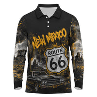 Personalized New Mexico Route 66 Classic Car Long Sleeve Polo Shirt Desert Cactus Grunge Paint Splatter Vintage Road Trip