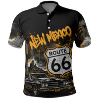 Personalized New Mexico Route 66 Classic Car Polo Shirt Desert Cactus Grunge Paint Splatter Vintage Road Trip