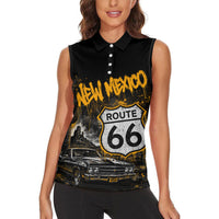 Personalized New Mexico Route 66 Classic Car Women Sleeveless Polo Shirt Desert Cactus Grunge Paint Splatter Vintage Road Trip
