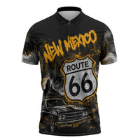 Personalized New Mexico Route 66 Classic Car Zipper Polo Shirt Desert Cactus Grunge Paint Splatter Vintage Road Trip