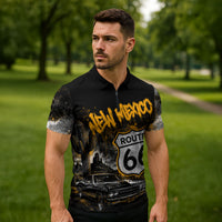 Personalized New Mexico Route 66 Classic Car Zipper Polo Shirt Desert Cactus Grunge Paint Splatter Vintage Road Trip