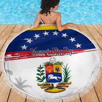 Venezuela Flag Day Beach Blanket 220th Anniversary Coat Of Arms Palm Tree Silhouette
