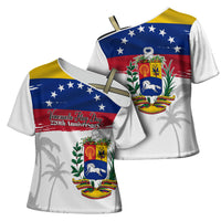 Venezuela Flag Day Cross Shoulder Shirt 220th Anniversary Coat Of Arms Palm Tree Silhouette