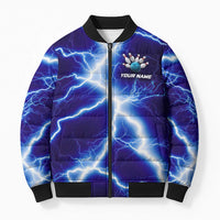 Snake and Bowling Ball Design Bomber Puffer Jacket with Lightning Background and Custom Team Name Text - Wonder Print Shop