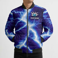 Snake and Bowling Ball Design Bomber Puffer Jacket with Lightning Background and Custom Team Name Text - Wonder Print Shop