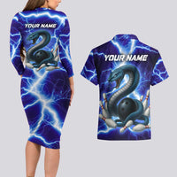 Snake and Bowling Ball Design Couples Matching Long Sleeve Bodycon Dress and Hawaiian Shirt with Lightning Background and Custom Team Name Text - Wonder Print Shop