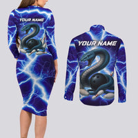 Snake and Bowling Ball Design Couples Matching Long Sleeve Bodycon Dress and Long Sleeve Button Shirt with Lightning Background and Custom Team Name Text - Wonder Print Shop
