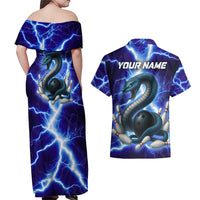 Snake and Bowling Ball Design Couples Matching Off Shoulder Maxi Dress and Hawaiian Shirt with Lightning Background and Custom Team Name Text - Wonder Print Shop