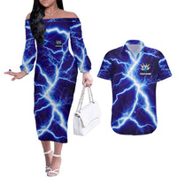Snake and Bowling Ball Design Couples Matching Off The Shoulder Long Sleeve Dress and Hawaiian Shirt with Lightning Background and Custom Team Name Text - Wonder Print Shop