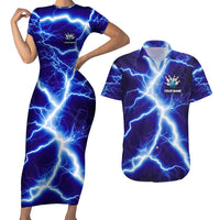 Snake and Bowling Ball Design Couples Matching Short Sleeve Bodycon Dress and Hawaiian Shirt with Lightning Background and Custom Team Name Text - Wonder Print Shop
