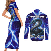 Snake and Bowling Ball Design Couples Matching Short Sleeve Bodycon Dress and Long Sleeve Button Shirt with Lightning Background and Custom Team Name Text - Wonder Print Shop
