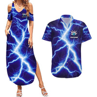 Snake and Bowling Ball Design Couples Matching Summer Maxi Dress and Hawaiian Shirt with Lightning Background and Custom Team Name Text - Wonder Print Shop