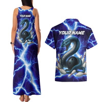 Snake and Bowling Ball Design Couples Matching Tank Maxi Dress and Hawaiian Shirt with Lightning Background and Custom Team Name Text - Wonder Print Shop