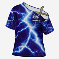 Snake and Bowling Ball Design Cross Shoulder Shirt with Lightning Background and Custom Team Name Text - Wonder Print Shop