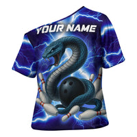 Snake and Bowling Ball Design Cross Shoulder Shirt with Lightning Background and Custom Team Name Text - Wonder Print Shop