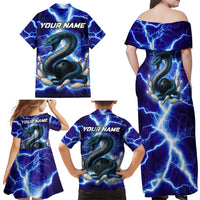 Snake and Bowling Ball Design Family Matching Off Shoulder Maxi Dress and Hawaiian Shirt with Lightning Background and Custom Team Name Text - undefined