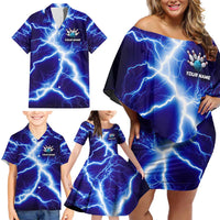 Snake and Bowling Ball Design Family Matching Off Shoulder Short Dress and Hawaiian Shirt with Lightning Background and Custom Team Name Text - Wonder Print Shop
