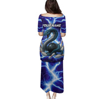 Snake and Bowling Ball Design Family Matching Puletasi and Hawaiian Shirt with Lightning Background and Custom Team Name Text - Wonder Print Shop