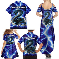 Snake and Bowling Ball Design Family Matching Summer Maxi Dress and Hawaiian Shirt with Lightning Background and Custom Team Name Text - Wonder Print Shop