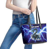 Snake and Bowling Ball Design Leather Tote Bag with Lightning Background and Custom Team Name Text - Wonder Print Shop