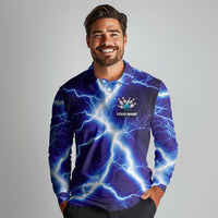 Snake and Bowling Ball Design Long Sleeve Polo Shirt with Lightning Background and Custom Team Name Text - Wonder Print Shop