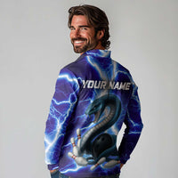 Snake and Bowling Ball Design Long Sleeve Polo Shirt with Lightning Background and Custom Team Name Text - Wonder Print Shop