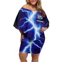 Snake and Bowling Ball Design Off Shoulder Short Dress with Lightning Background and Custom Team Name Text - Wonder Print Shop