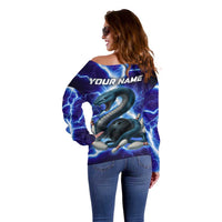 Snake and Bowling Ball Design Off Shoulder Sweater with Lightning Background and Custom Team Name Text - Wonder Print Shop
