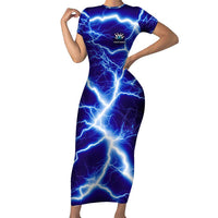 Snake and Bowling Ball Design Short Sleeve Bodycon Dress with Lightning Background and Custom Team Name Text - Wonder Print Shop