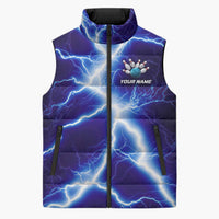Snake and Bowling Ball Design Sleeveless Puffer Jacket with Lightning Background and Custom Team Name Text - Wonder Print Shop