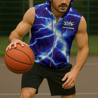 Snake and Bowling Ball Design Sleeveless Zip Hoodie with Lightning Background and Custom Team Name Text - Wonder Print Shop