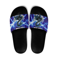 Snake and Bowling Ball Design Slide Sandals with Lightning Background and Custom Team Name Text - Wonder Print Shop