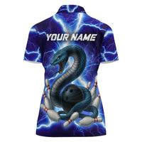 Snake and Bowling Ball Design Women Polo Shirt with Lightning Background and Custom Team Name Text - Wonder Print Shop