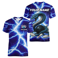 Snake and Bowling Ball Design Women V-Neck T-Shirt with Lightning Background and Custom Team Name Text - Wonder Print Shop