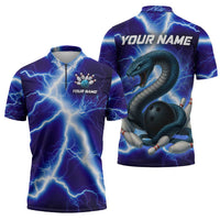 Snake and Bowling Ball Design Zipper Polo Shirt with Lightning Background and Custom Team Name Text - Wonder Print Shop