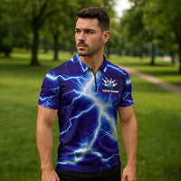 Snake and Bowling Ball Design Zipper Polo Shirt with Lightning Background and Custom Team Name Text - Wonder Print Shop