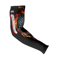 American Flag Skull Design Arm Sleeves with Bowling Elements and Fire Background with Custom Team Name Text - Wonder Print Shop