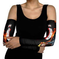 American Flag Skull Design Arm Sleeves with Bowling Elements and Fire Background with Custom Team Name Text - Wonder Print Shop