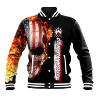 American Flag Skull Design Baseball Jacket with Bowling Elements and Fire Background with Custom Team Name Text - Wonder Print Shop