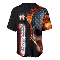 American Flag Skull Design Baseball Jersey with Bowling Elements and Fire Background with Custom Team Name Text - Wonder Print Shop