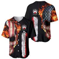 American Flag Skull Design Baseball Jersey with Bowling Elements and Fire Background with Custom Team Name Text - Wonder Print Shop