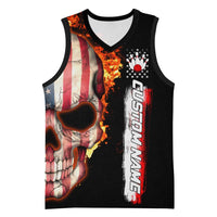American Flag Skull Design Basketball Jersey with Bowling Elements and Fire Background with Custom Team Name Text - Wonder Print Shop